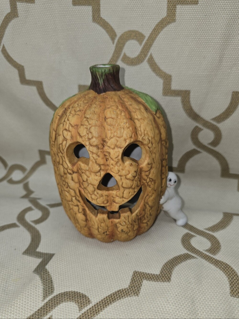 Vintage Ceramic Pumpkin Jack O Lantern Ghost Votive Candle Holder 7½" H Taiwan